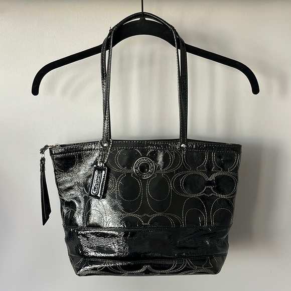 Coach | Bags | Coach F9198 Signature Stitch Black Patent Leather Medium Tote Shoulder Bag | Poshmark